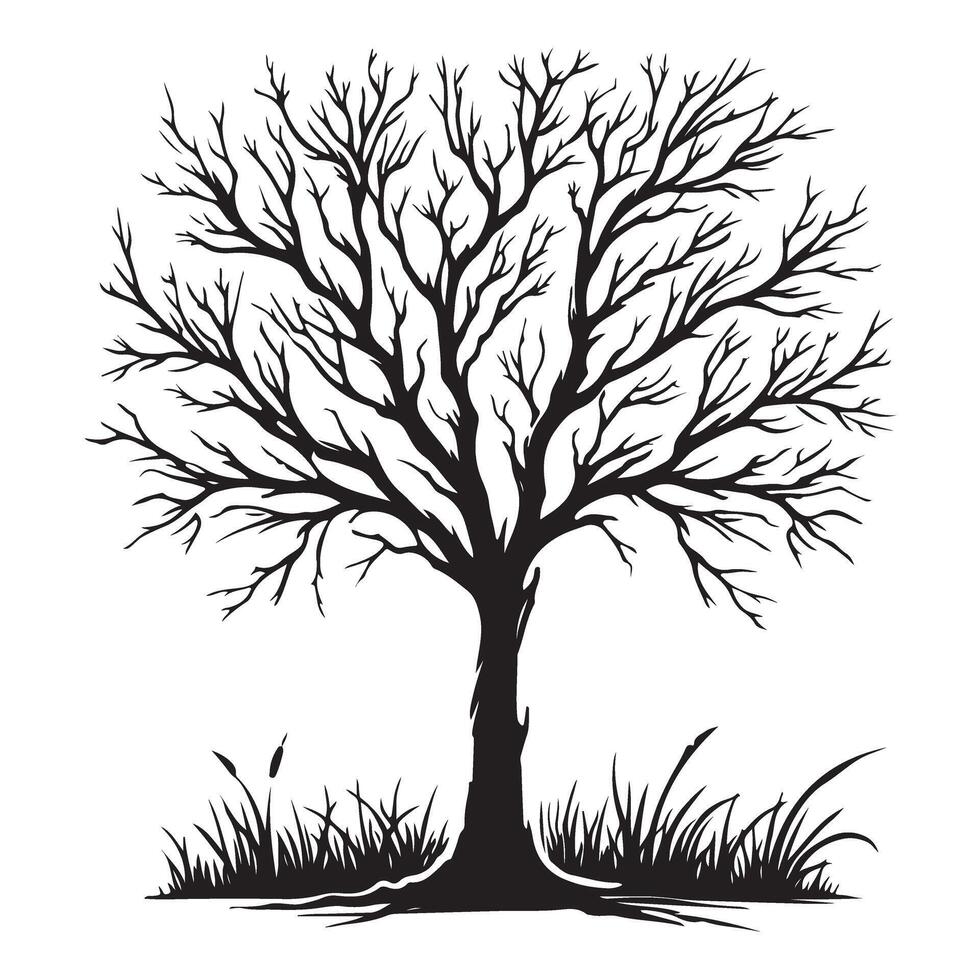 Silhouette of a Winter Tree with Grass at its Base Illustration vector