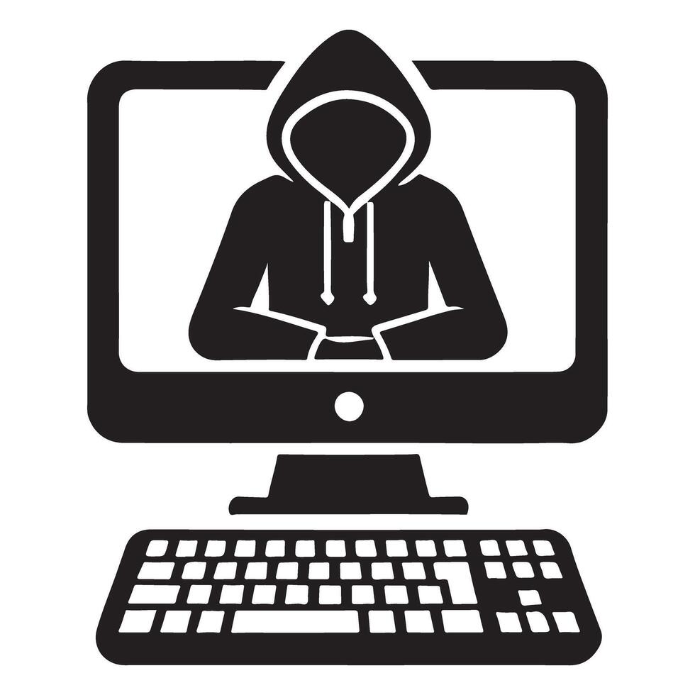Silhouette of Hacker Inside Computer Screen vector