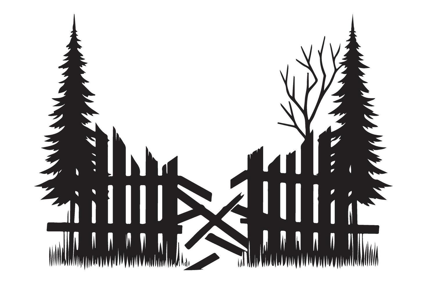Broken Wooden Fence Silhouette with Trees Illustration vector
