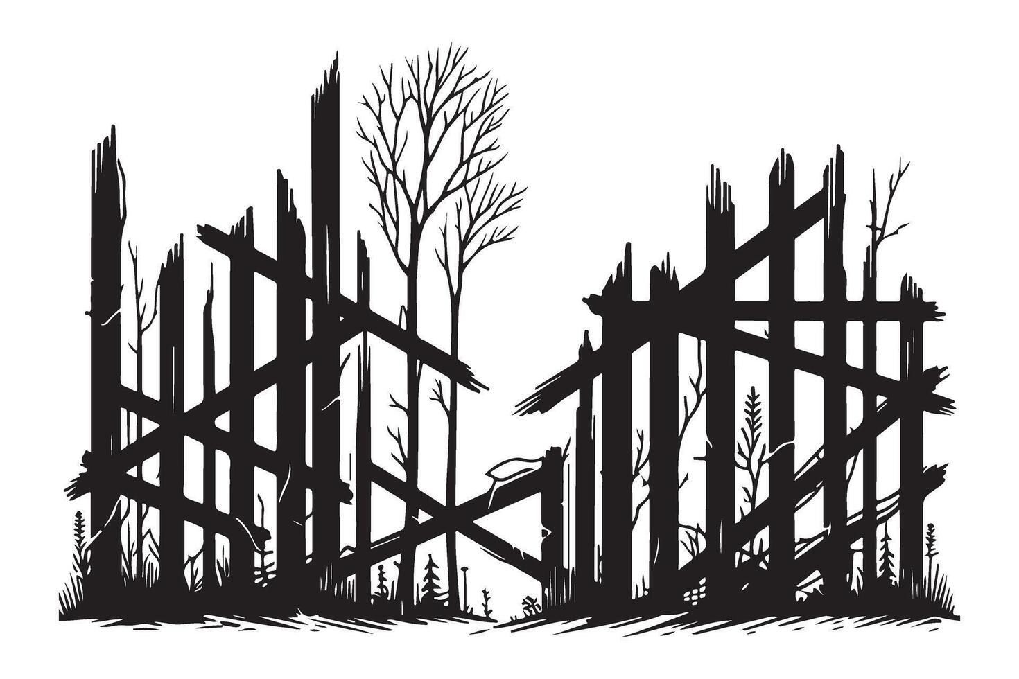 Overgrown Broken Wooden Fence Silhouette Illustration vector