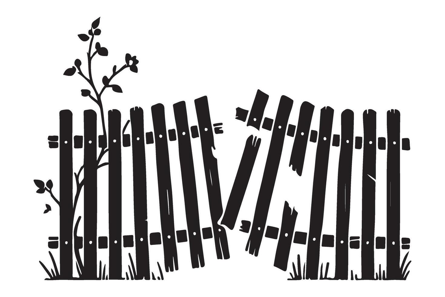 Broken Wooden Fence Silhouette Illustration with Plant vector