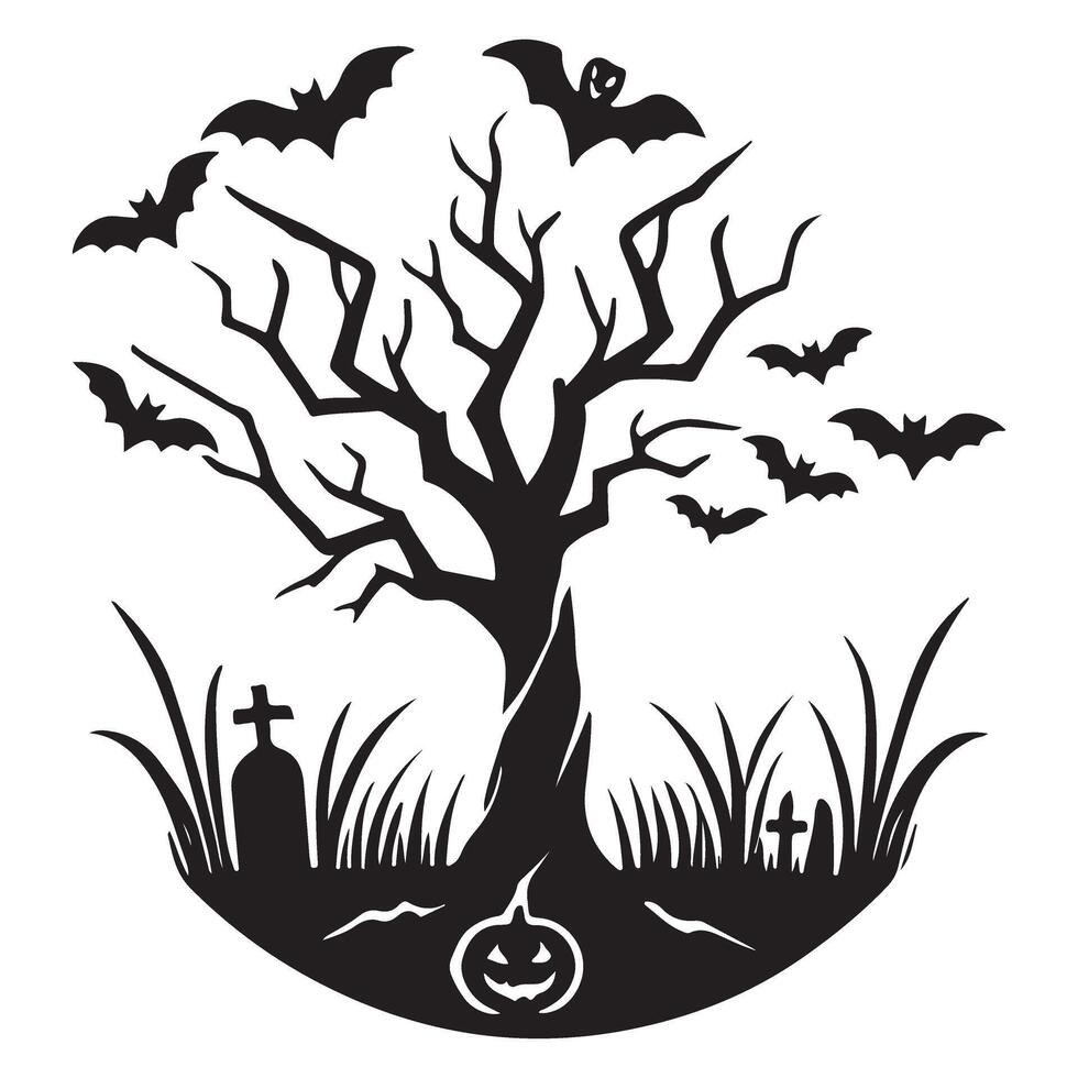 Halloween Scene Silhouette with Spooky Tree vector
