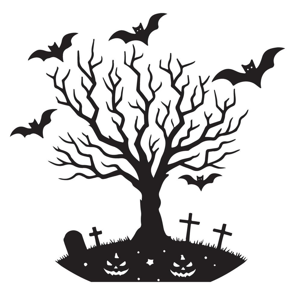 Spooky Halloween Tree Silhouette with Bats and Gravestones Illustration vector