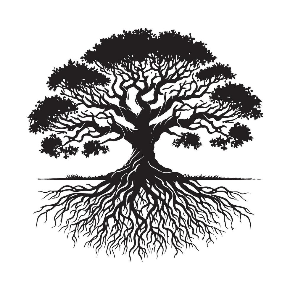 Majestic Tree with Deep Roots Silhouette Illustration vector