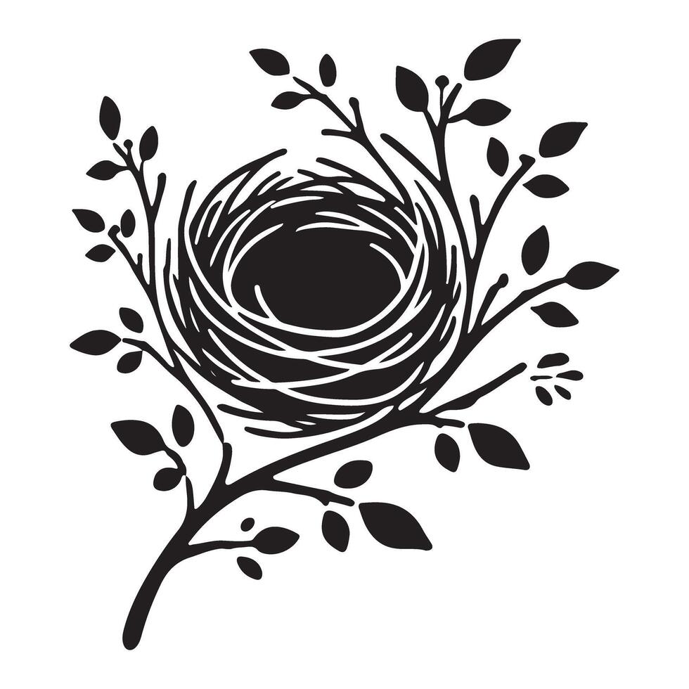 Bird's Nest on Branch with Leaves Silhouette Illustration vector