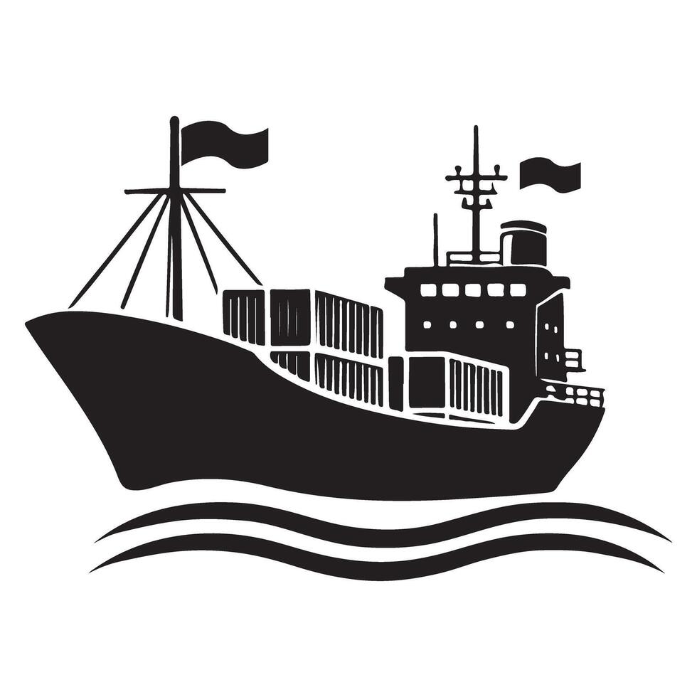 Cargo Ship Silhouette Sailing on Ocean Waves Illustration vector