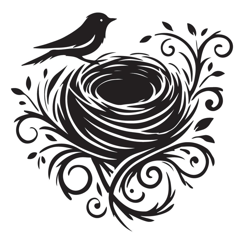 Bird Nest Silhouette Illustration with Floral Design vector
