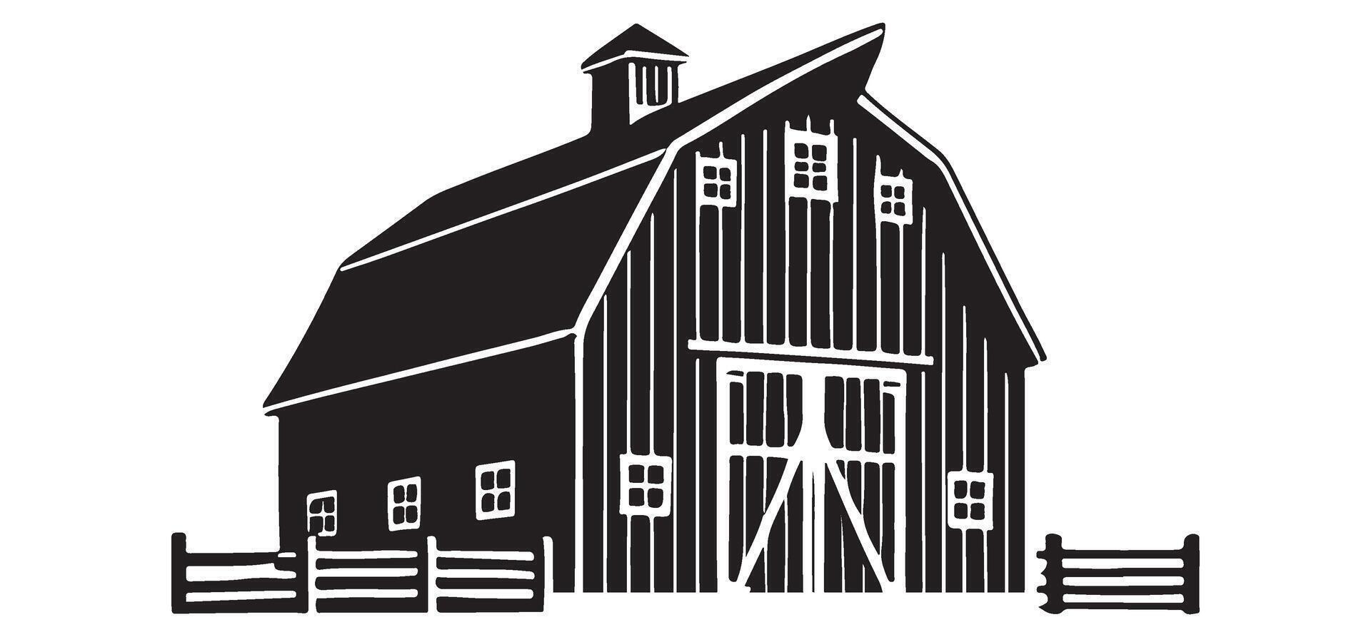 Rustic Barn Silhouette with Fence Illustration vector