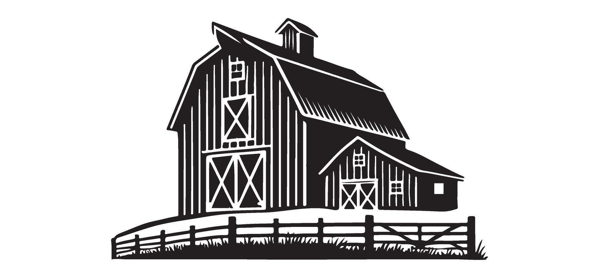 Barn Silhouette Illustration with Fence Art vector