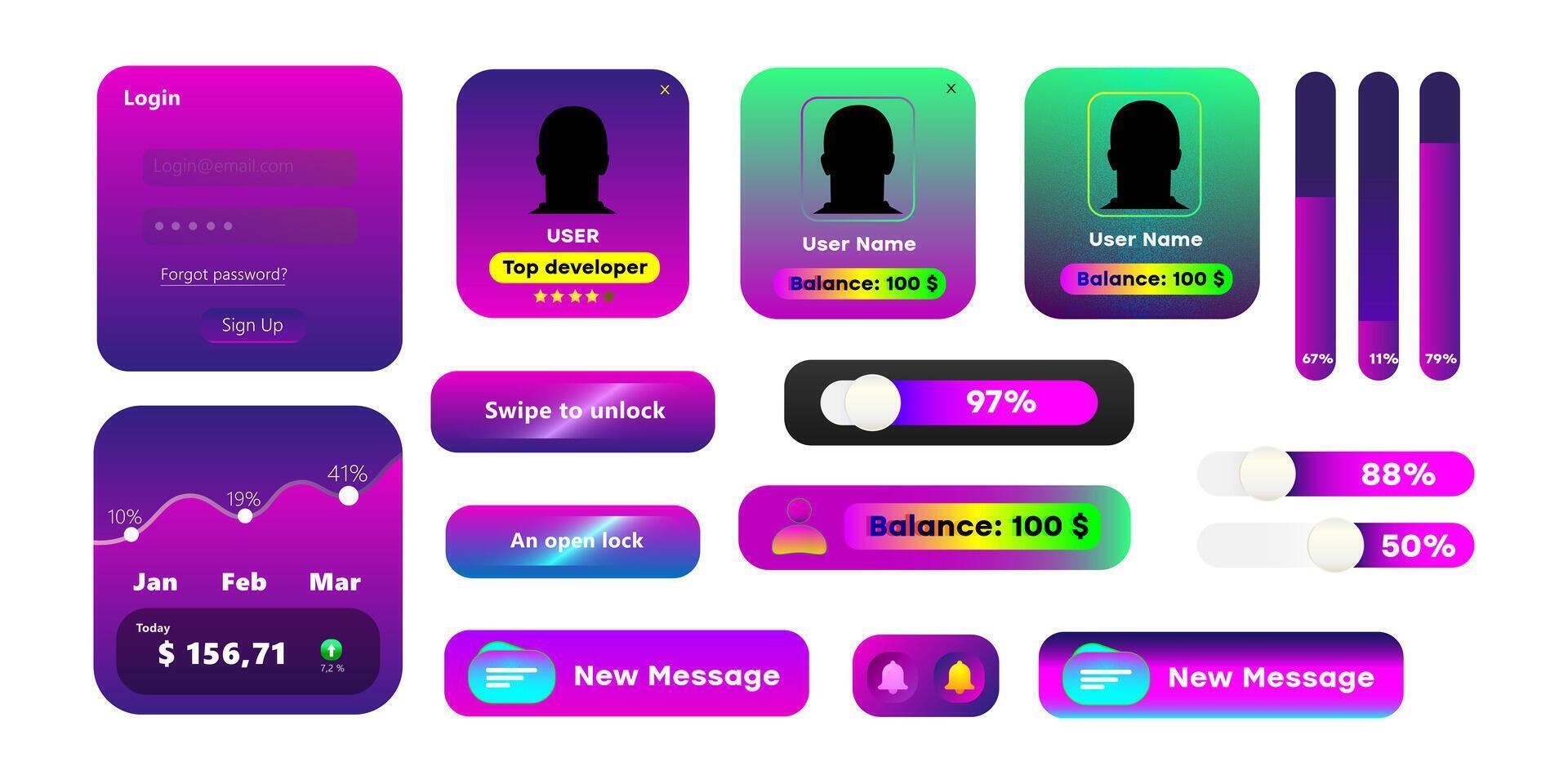Neon gradient UI elements set including login form, profile cards, progress bars, buttons, and financial statistics. Modern futuristic app interface design template vector