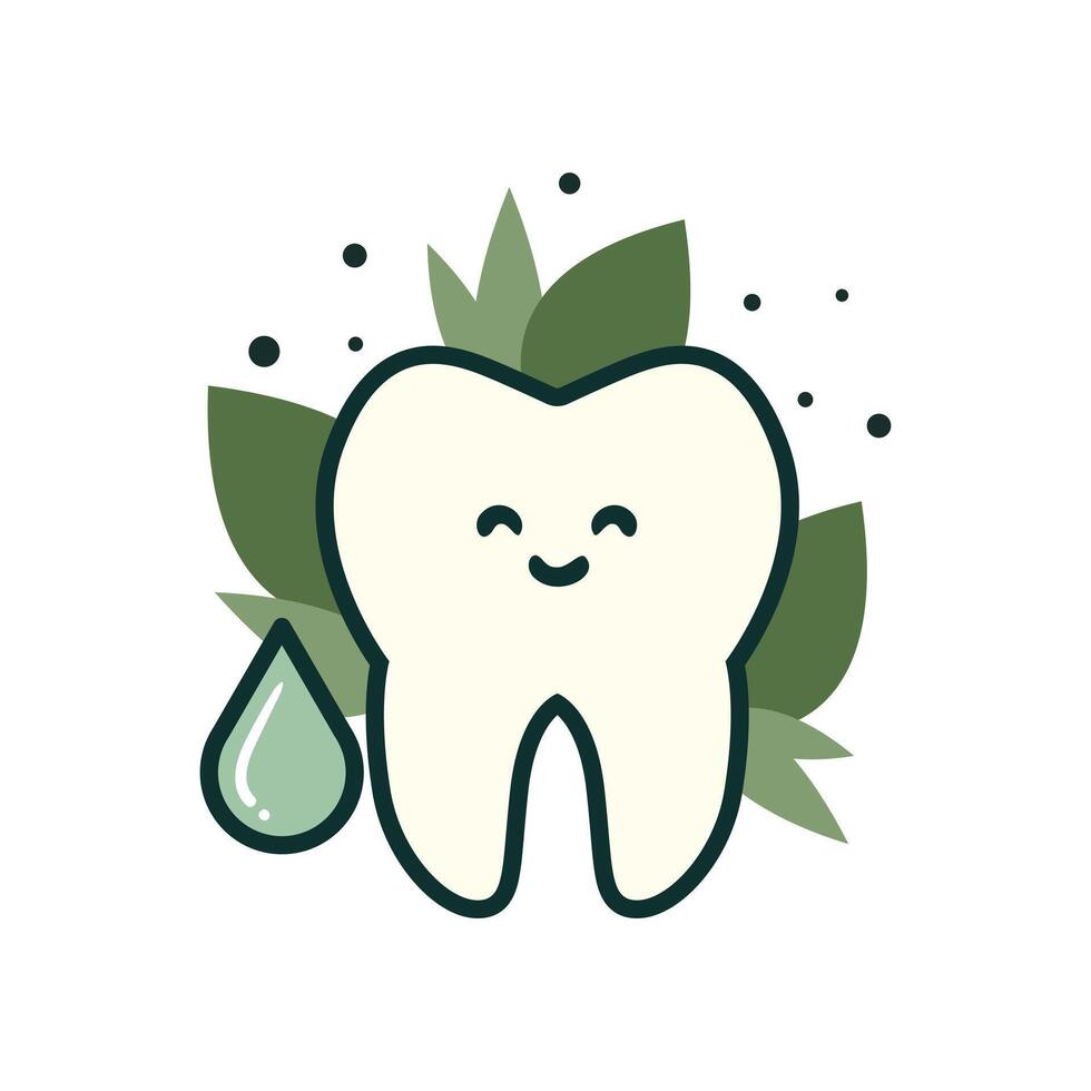 Happy Eco Tooth with Leaves and Water Drop Symbol of Natural Dental Care vector