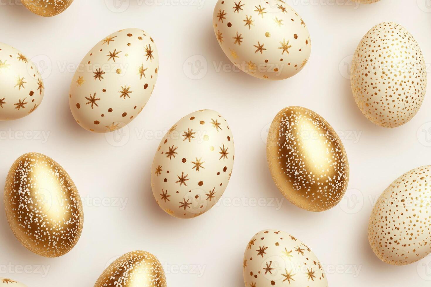 shiny golden Easter eggs with dots and stars , pattern, top view flat lay photo