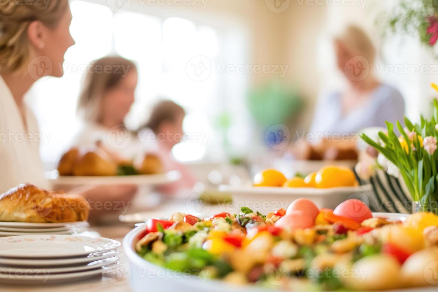 family of four eating easter dinner at home, selective focus photo
