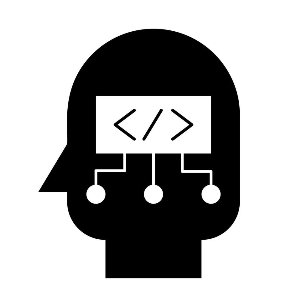 A black and white silhouette of a head with a computer symbol vector