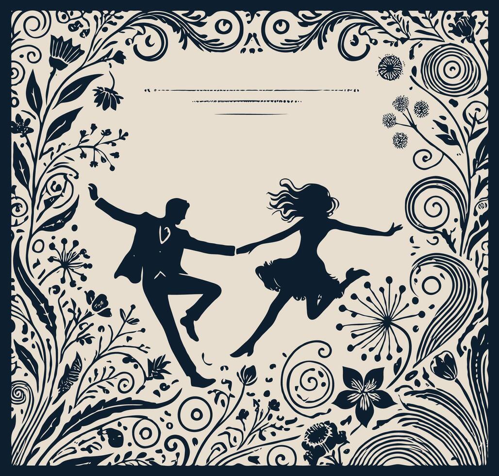 Illustrate a humorous and playful scene of a couple in love, capturing the lighthearted and fun side of romance. Vintage Wedding Invitation Card vector