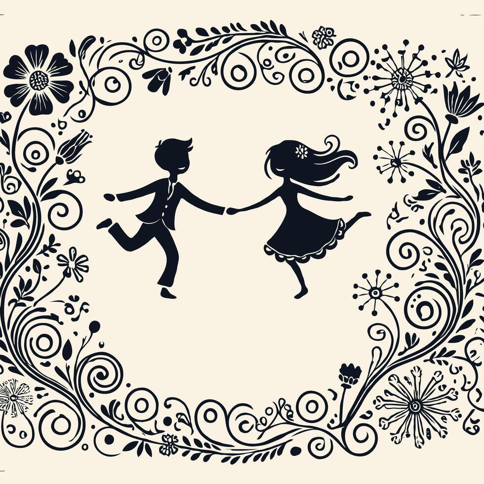 funny moments of excited couple fooling around. Wedding Invitation Card Template, Flowers and Leaves. Happy Children in a Floral Frame vector