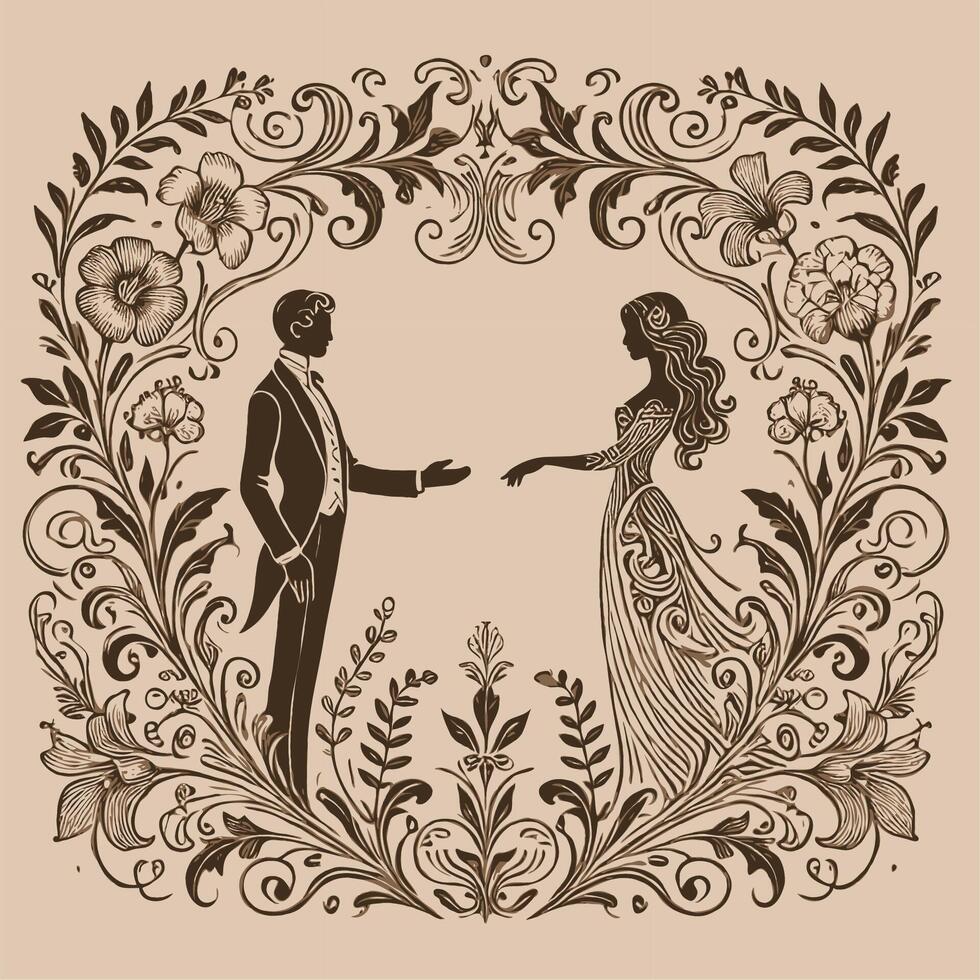 Illustrator Artwork, floral background with frame, wedding invitation with beautiful retro style, funny moments of excited couple fooling around vector