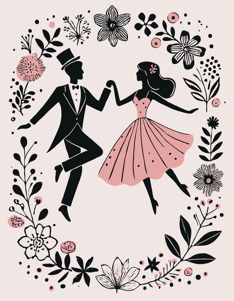 Dancing Couple Floral Frame. Wedding Invitation Card Template, Flowers and Leaves. Gothic Romance, wedding invitation card vector