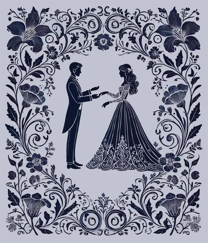 Vintage wedding invitation card with ornate elegant retro design. Wedding Invitation Card Template, Flowers and Leaves vector