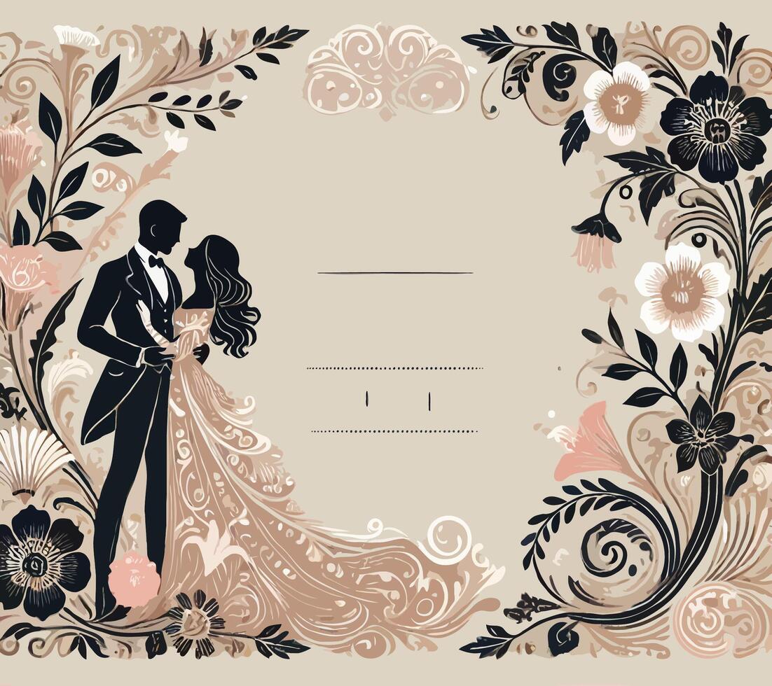 Romantic Wedding Invitation, illustration of a couple dancing. Vintage Wedding Invitation Design. Romantic Couple Silhouette vector