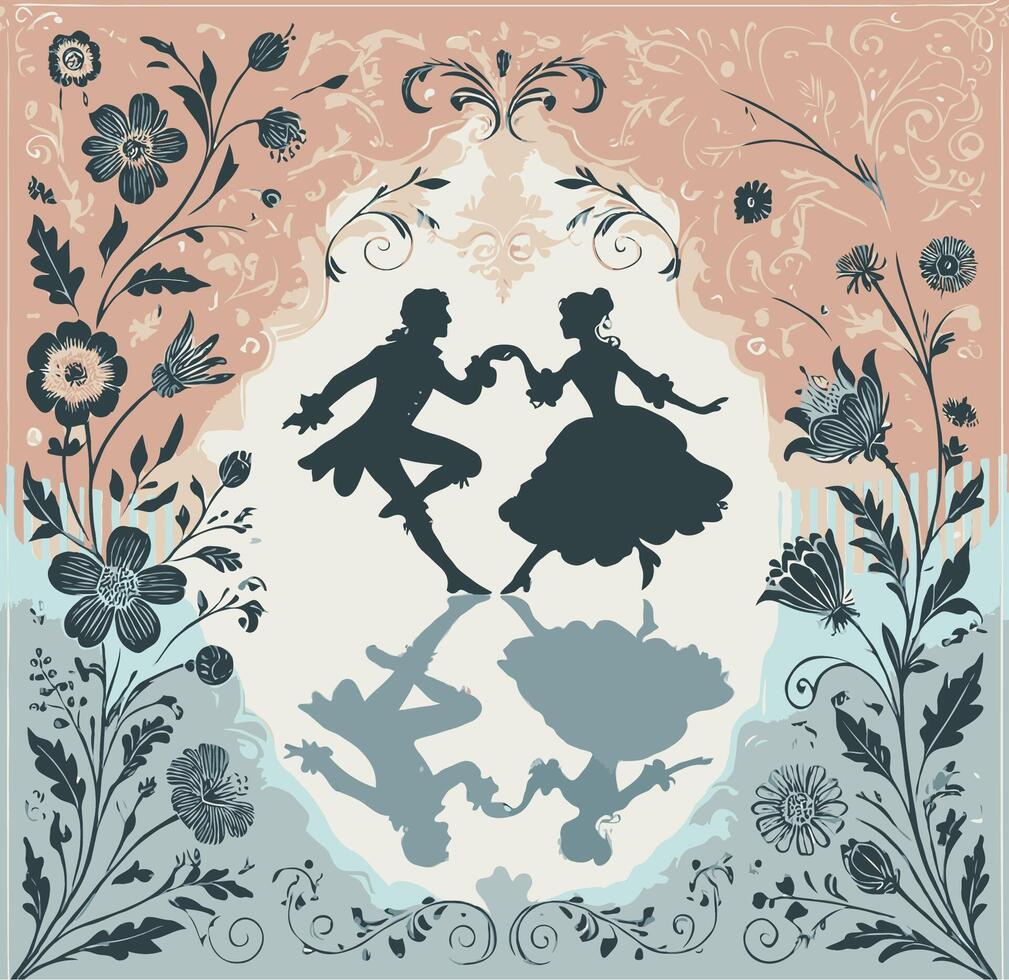 floral background with frame, wedding invitation with beautiful retro style, funny moments of excited couple fooling around. Valentines Day vector