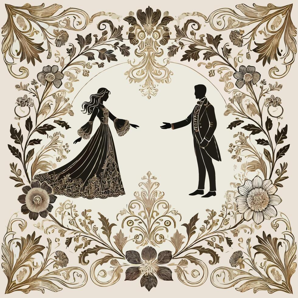 Vintage Wedding Invitation. A Timeless Romance. Gothic Romance. Elegant Vintage Couple Silhouette vector