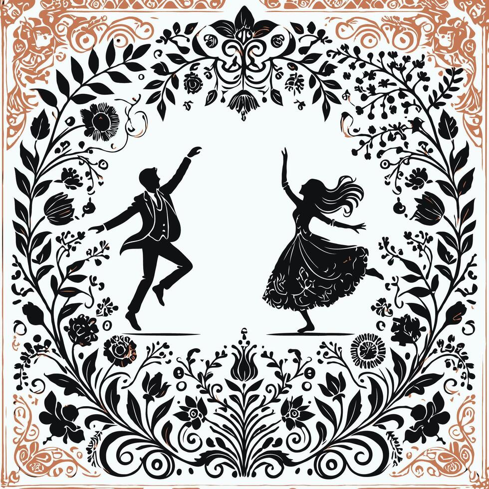 Wedding invitation card with bride and groom. Vintage illustration, wreath of flowers and leaves is displayed in a white background vector