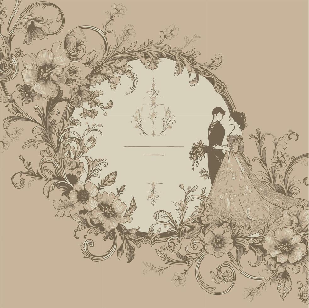 frame with ornament. Vintage Wedding Invitation Card. Wedding invitation card with vintage floral ornament and bride and groom vector