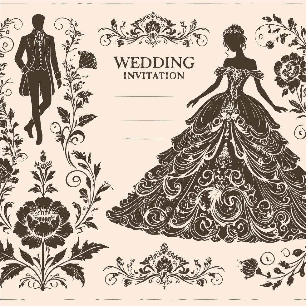 Vintage invitation card with couple dancing ballroom dance. Loving couple in baroque style. vector