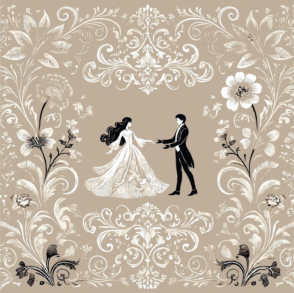 Bride and groom in vintage frame. Elegant Wedding Invitation Design. Illustration of a silhouette of a woman in a folk style vector