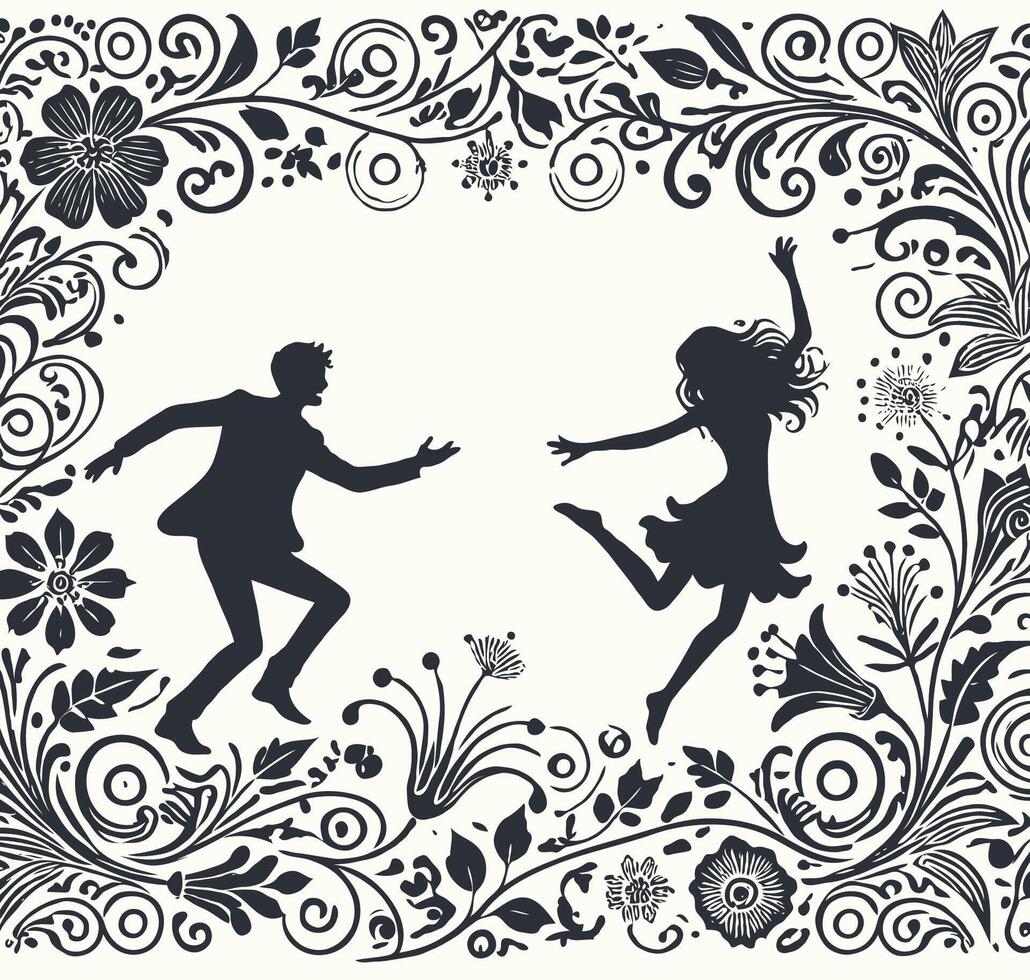 Illustrate a humorous and playful scene of a couple in love, capturing the lighthearted and fun side of romance. vector