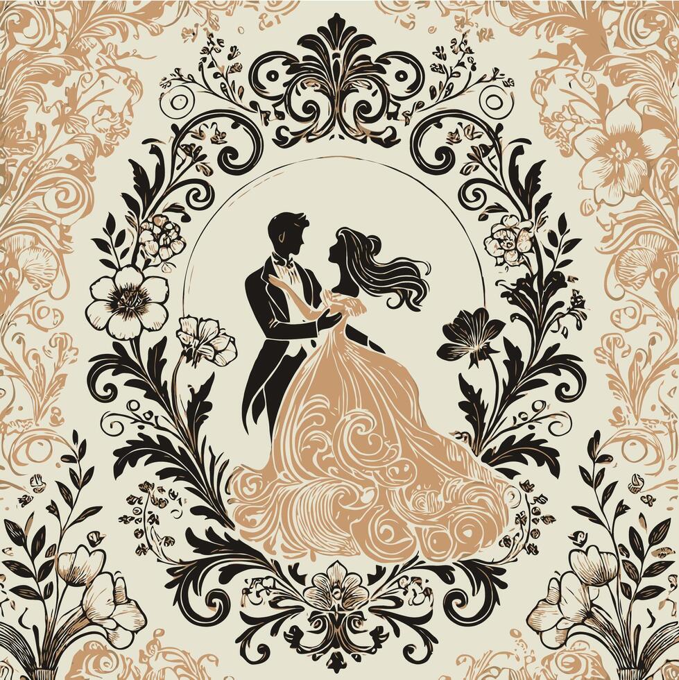 Valentines Day, wreath of flowers and leaves is displayed in a white background . Excited bride and groom jump of joy Happy wedding, wedding invitation card with rings vector