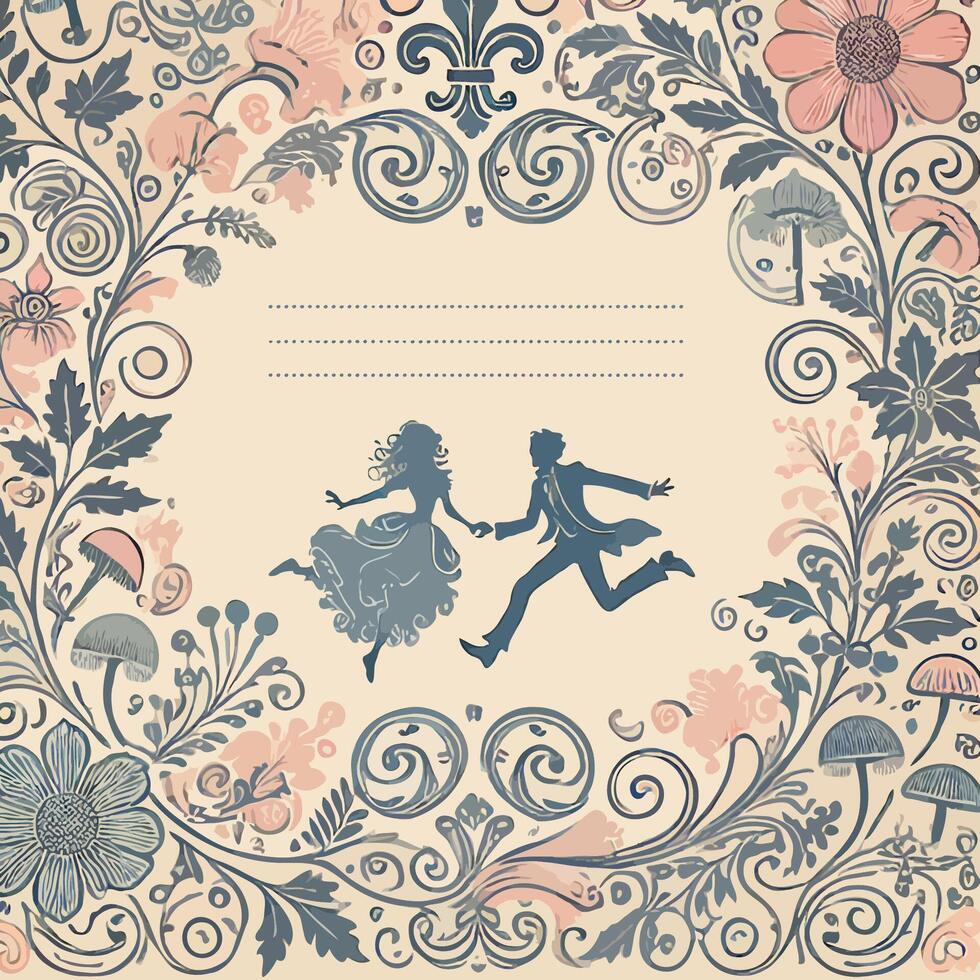 Illustrate a humorous and playful scene of a couple in love, capturing the lighthearted and fun side of romance. A Timeless Romance, vintage wedding, valentines day boarder vector
