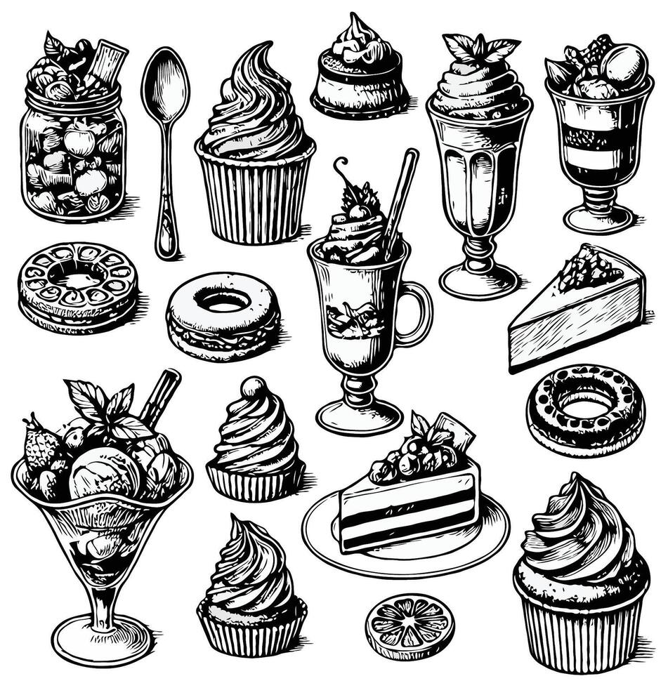 Cakes, biscuits, baking, cookie, pastries, donut, ice cream, macaroons. Black and white Set of hand drawn desserts illustration in sketch style. vector