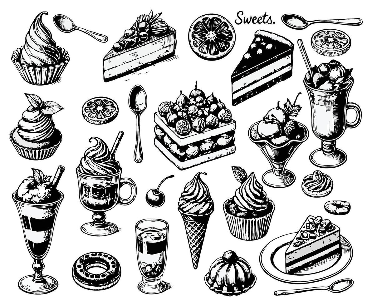 Cakes, biscuits, baking, cookie, pastries, donut, ice cream, macaroons. Black and white. Set of hand drawn desserts and sweets illustration in sketch style. vector