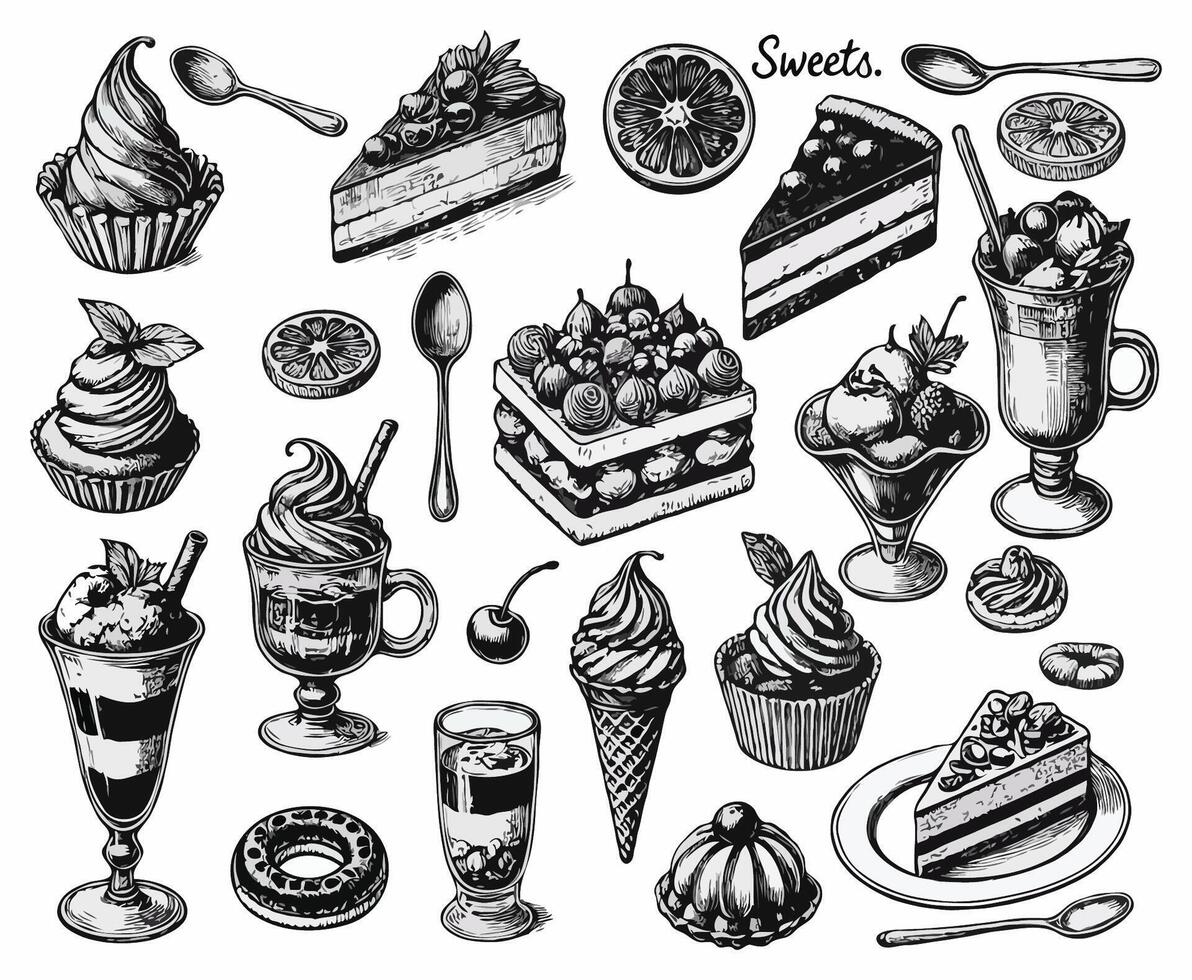 Black and white Delicious Dessert Collection, Set of hand drawn desserts and cakes in vintage engraved style, illustration in sketch style sweets. vector