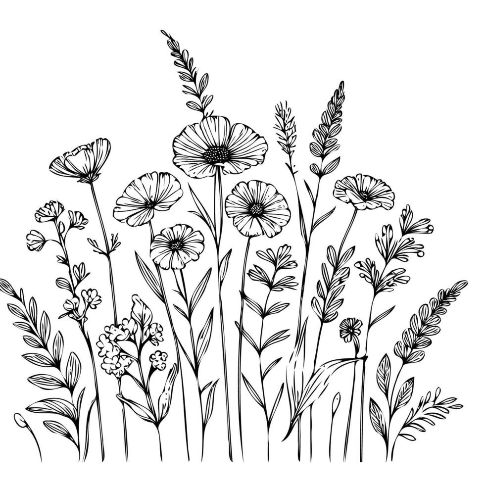 Lineart, Hand Drawn Doodle Flower. Black And White Floral Background. Outline Black And White Line Art, Lineart Flower. Set Of Contour Floral Of Cosmos, Chamomile, Daisies, Grasses vector