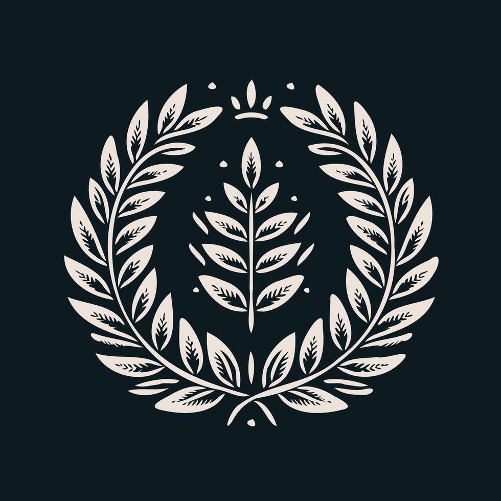 A wreath with berries and leaves on it is drawn in black and white. A wreath with a green leaves and a symbol for the winner of the contest. vector