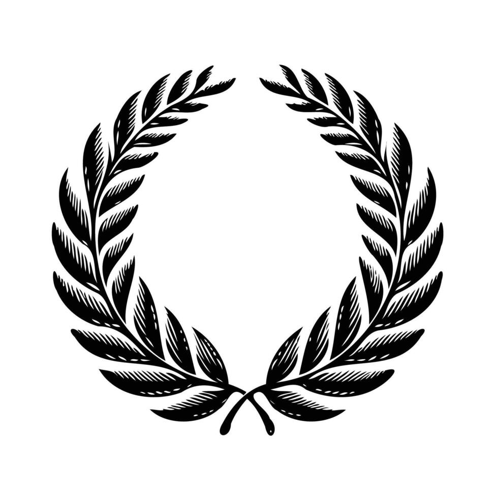 olive illustration, laurel wreath , black olives on a branch. Olive branch with leaves and berries. Black and white illustration. vector