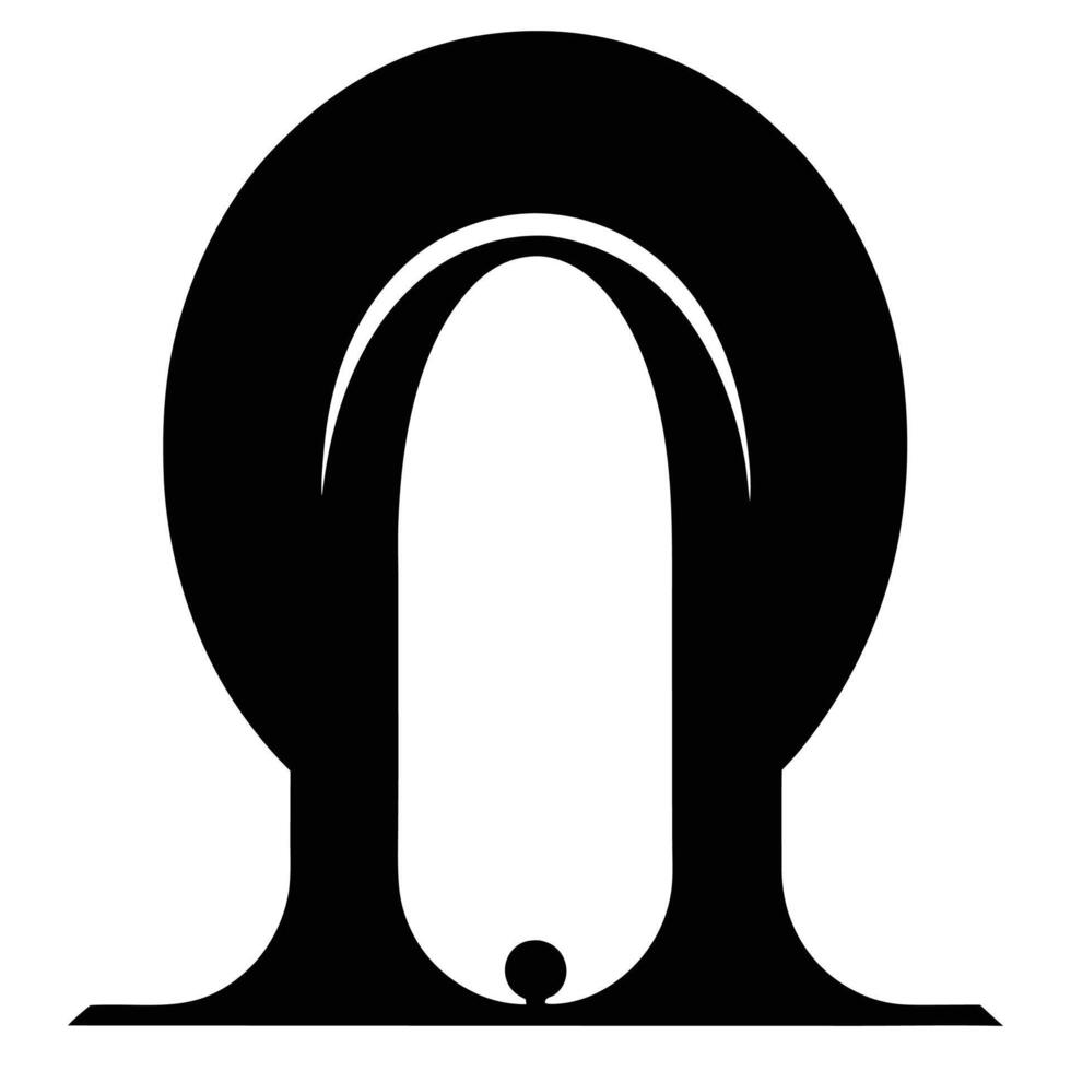 Minimalist black and white logo, abstract horseshoe shape, geometric design, circular top with elongated oval opening, small dot at base, symmetrical composition, stark contrast, sim vector