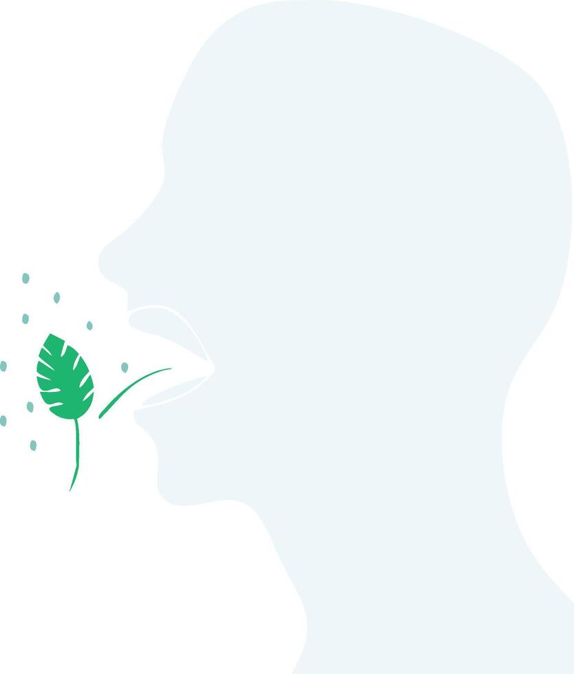 Minimalist silhouette profile, pale blue head outline, green tropical leaf, inhaling aromatherapy vector