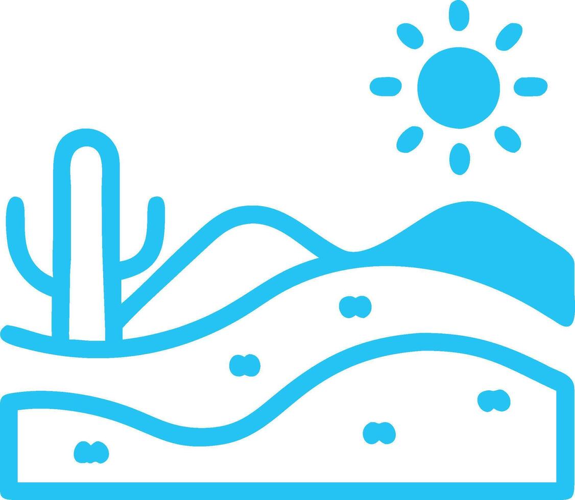 Desert landscape, minimalist design, bright blue color scheme, stylized cactus, rolling sand dunes, shining sun vector