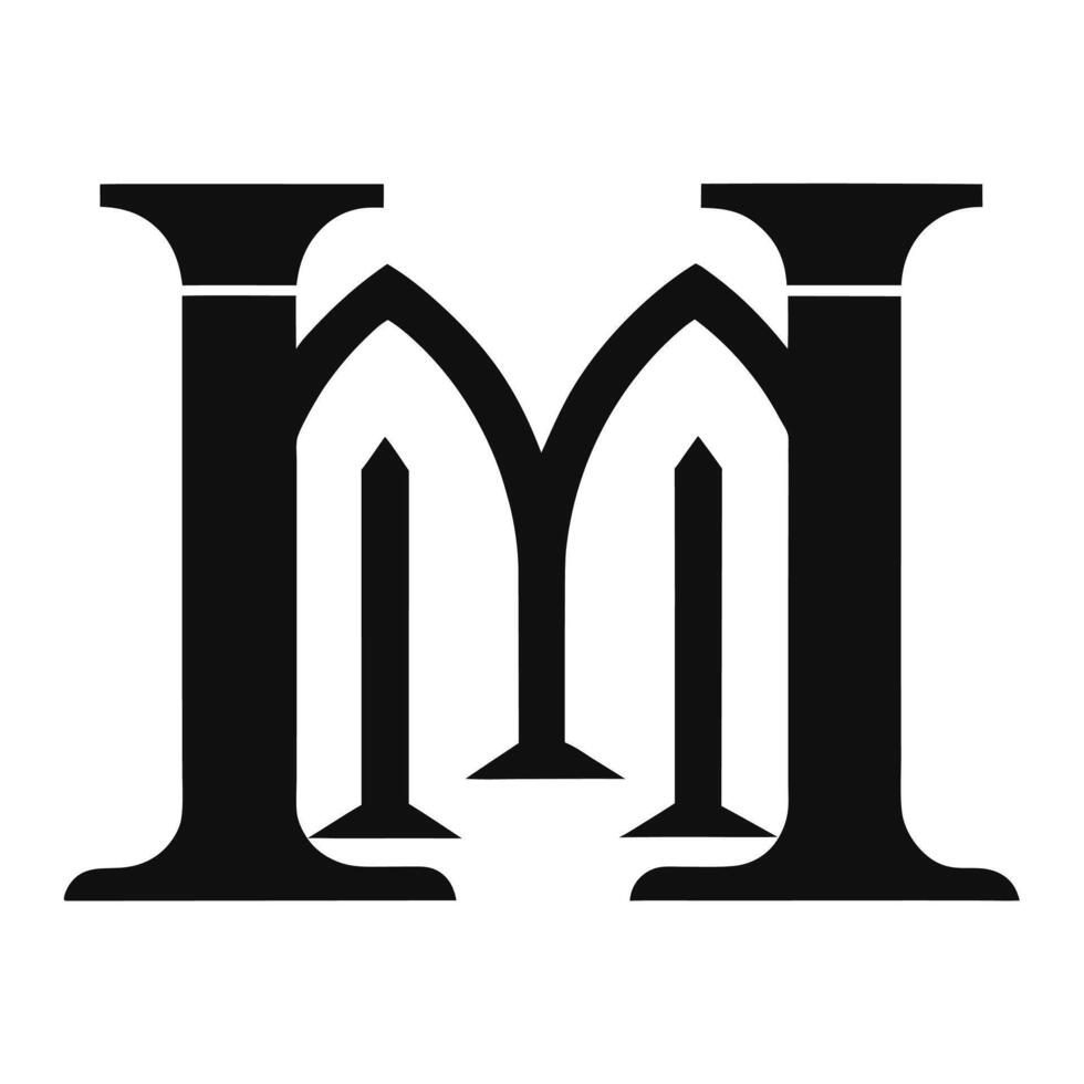 Monogram logo design, capital letter M, ornate serif font, black and white, symmetrical, gothic architecture influence, negative space, minimalist, bold lines, clean graphic, vector