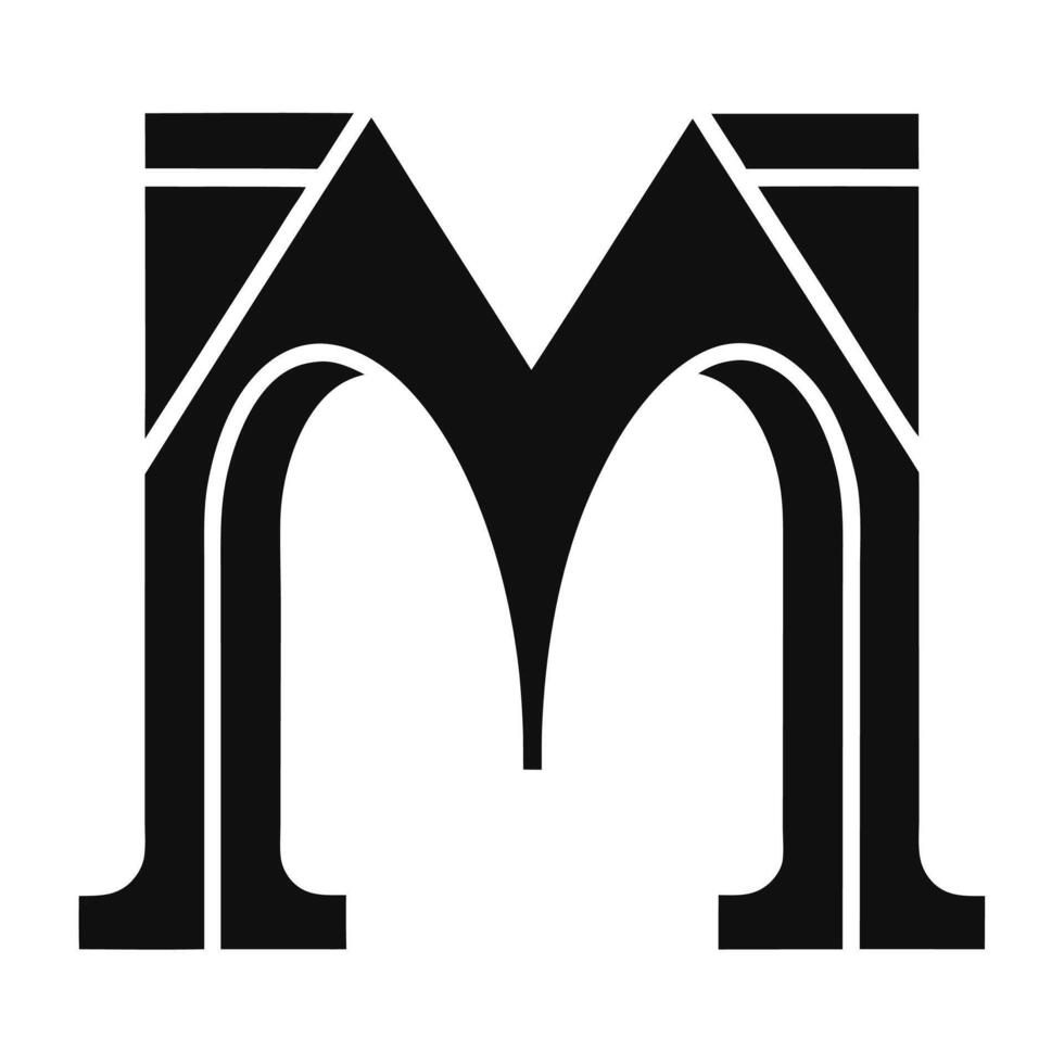 Stylized letter M, black and white, geometric design, bold typography, minimalist logo, sharp angles, symmetrical composition, graphic art, monochrome aesthetic, modern vector