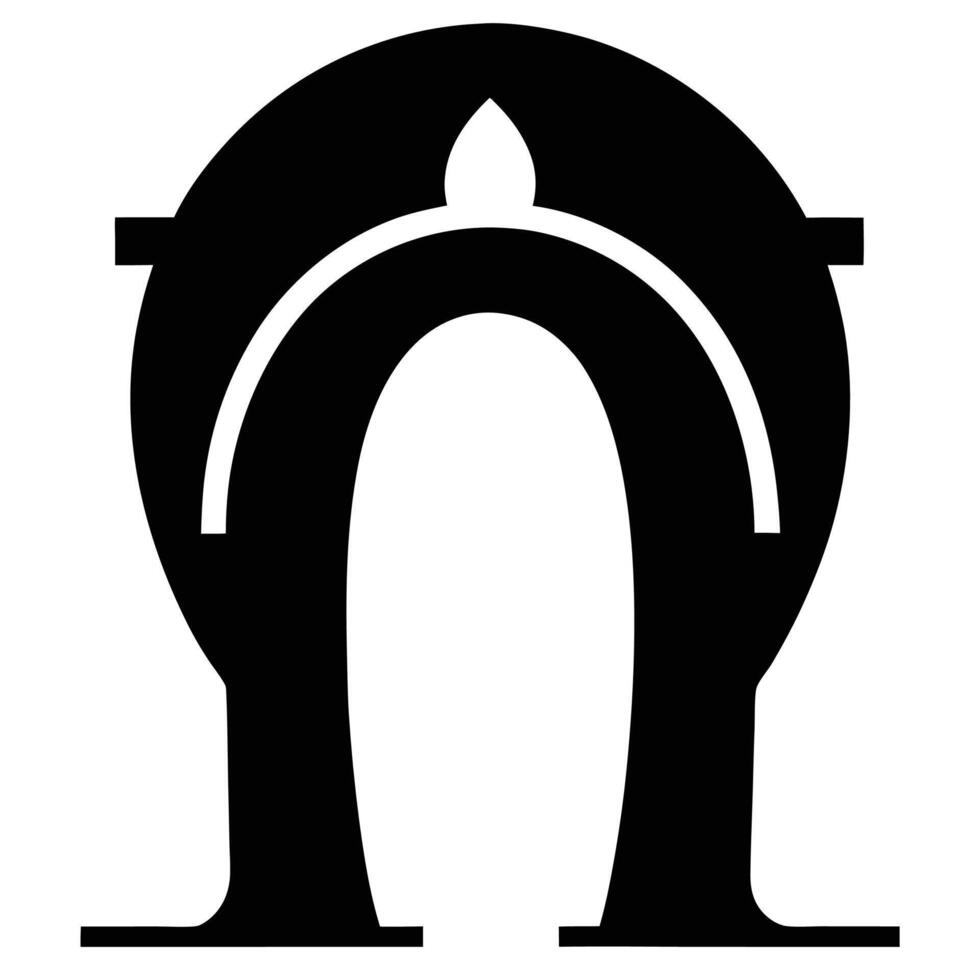 Black and white logo, Greek letter omega, stylized horseshoe shape, minimalist design, stark contrast, symmetrical composition, bold graphic, simple geometric forms, iconic symbol, vector