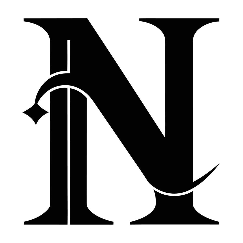 Elegant capital letter N, black and white typography, serif font, ornate design, sharp contrast, minimalist logo, sophisticated monogram, high-resolution graphic, clean lines, vector