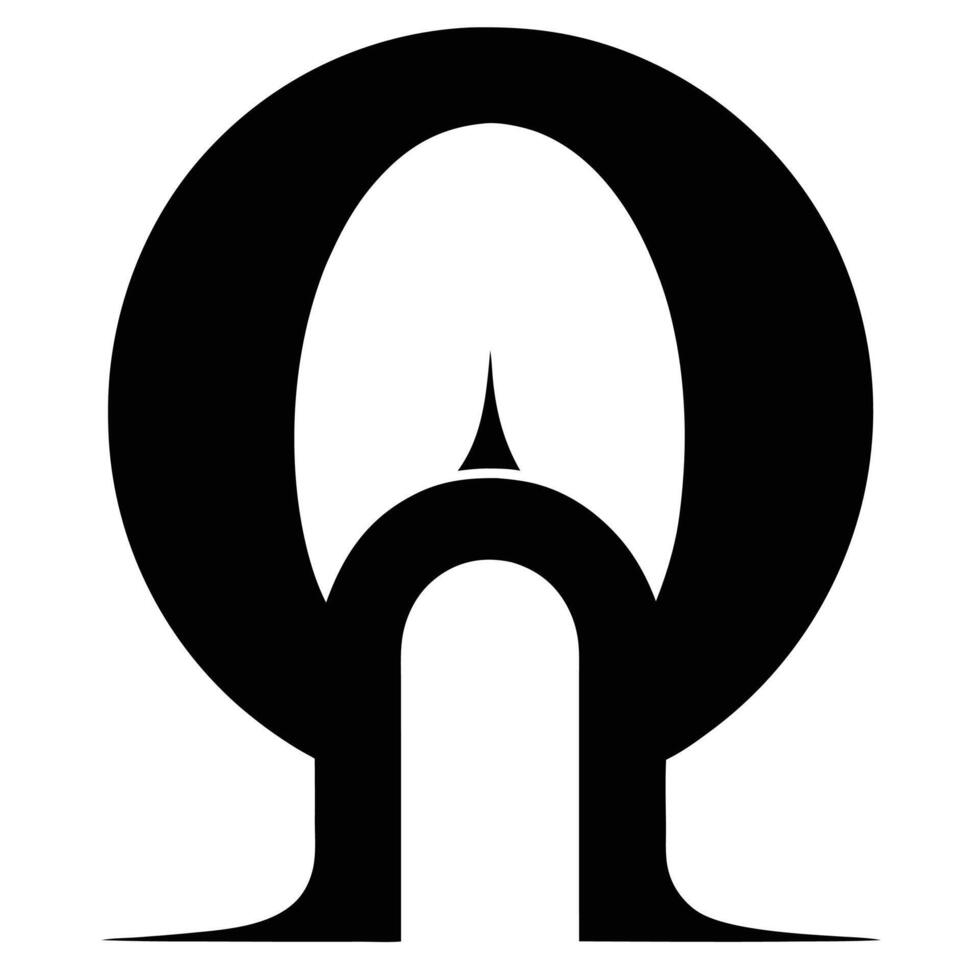 Minimalist logo design, black and white, abstract omega symbol, symmetrical composition, bold typography, negative space, geometric shapes, stark contrast, sleek modern aesthetic, simple yet i vector