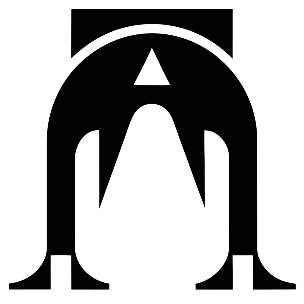 Minimalist logo design, black and white, symmetrical, abstract geometric shapes, arched structure, triangular element, negative space, bold lines, simple yet vector