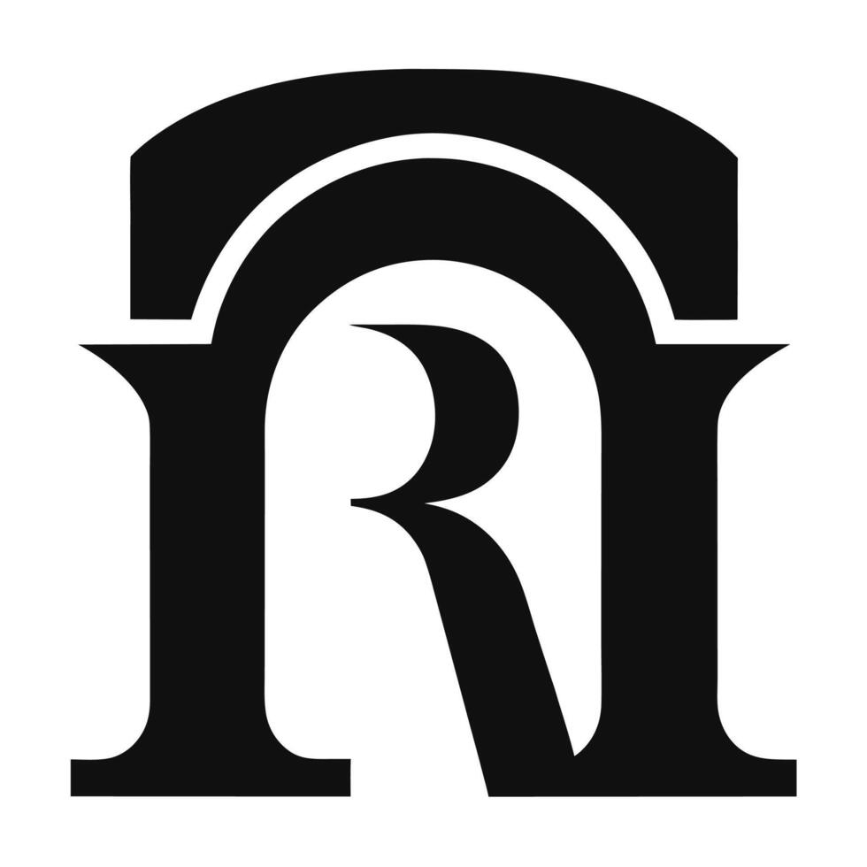 Elegant monogram logo, letter R, classical serif font, architectural arch design, black and white, minimalist, symmetrical, negative space, sophisticated typography, luxury brand vector