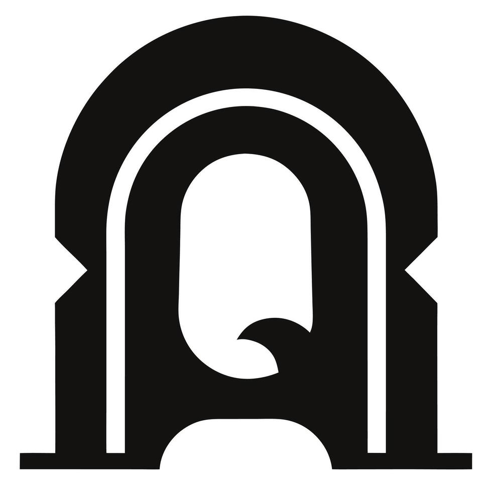 Black and white logo, minimalist design, letter Q, geometric shapes, arch motif, bold typography, symmetrical composition, negative space, modern icon, abstract symbol, monochrome vector